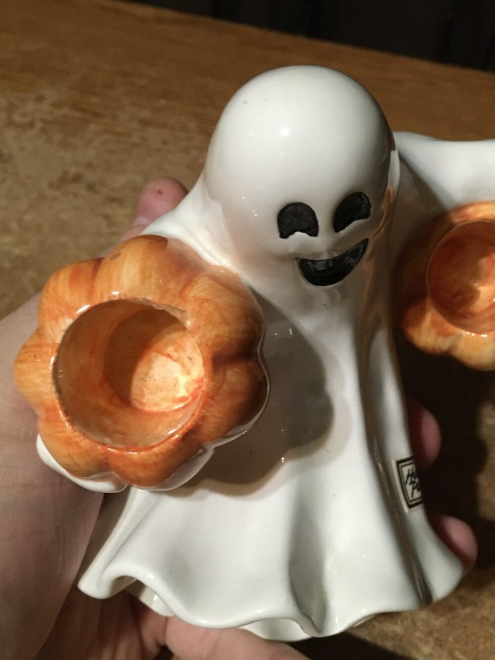 FITZ AND FLOYD HALLOWEEN GHOST HOLDING PUMPKINS CANDLEHOLDER - Picture 9 of 16